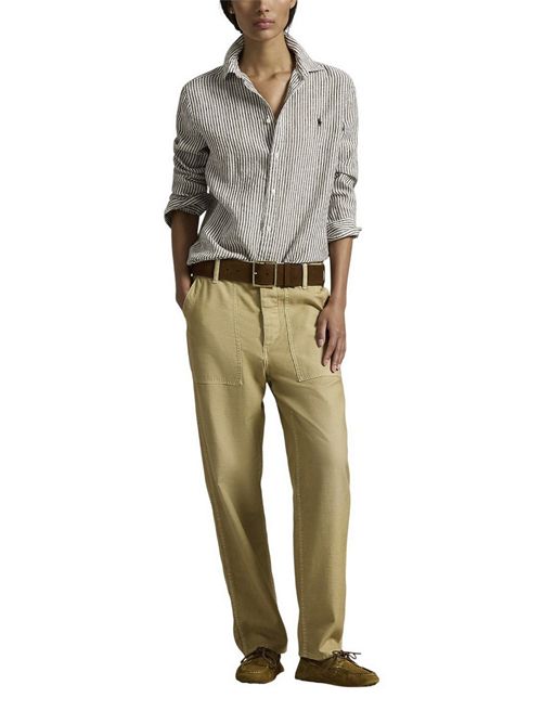 camicia donna in lino over a righe marrone e bianco Ralph Lauren | 211A96158007